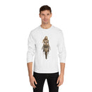 Printify eco-friendly long sleeve shirt in white with fantasy warrior graphic worn by male model