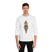 Printify eco-friendly long sleeve shirt in white with fantasy warrior graphic worn by male model