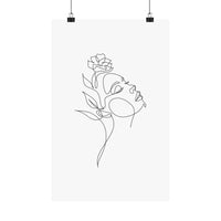 Minimalist line art poster of a face with a rose printed on eco-friendly matte posters by Printify