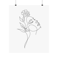 Minimalist line art poster of a woman with a rose on her head printed on eco-friendly matte posters by Printify