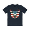 Printify eco-friendly men graphic tee with American flag bull skull design on navy blue T-shirt