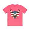Printify eco-friendly men graphic tee pink with American flag bull skull design