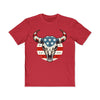 Red eco-friendly men graphic tee from Printify featuring an American flag bull skull design