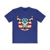 Blue eco-friendly men graphic tee with American flag bull skull design by Printify