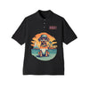 Printify black eco-friendly men polo shirt featuring dog in sunglasses and tropical sunset design