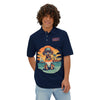Printify eco-friendly men polo shirt navy blue with colorful dog and beach graphic design