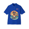 Printify blue eco-friendly men polo shirt with a dog wearing sunglasses and a beach sunset design