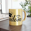 Printify eco-friendly metallic mug gold with black crown design on wooden table
