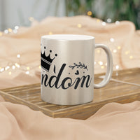 Printify eco-friendly metallic mug with black crown design on wooden tray and soft beige background