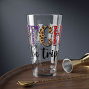 Printify eco-friendly mixing glass with colorful patterned text on wooden tray with gold bar spoon and jigger