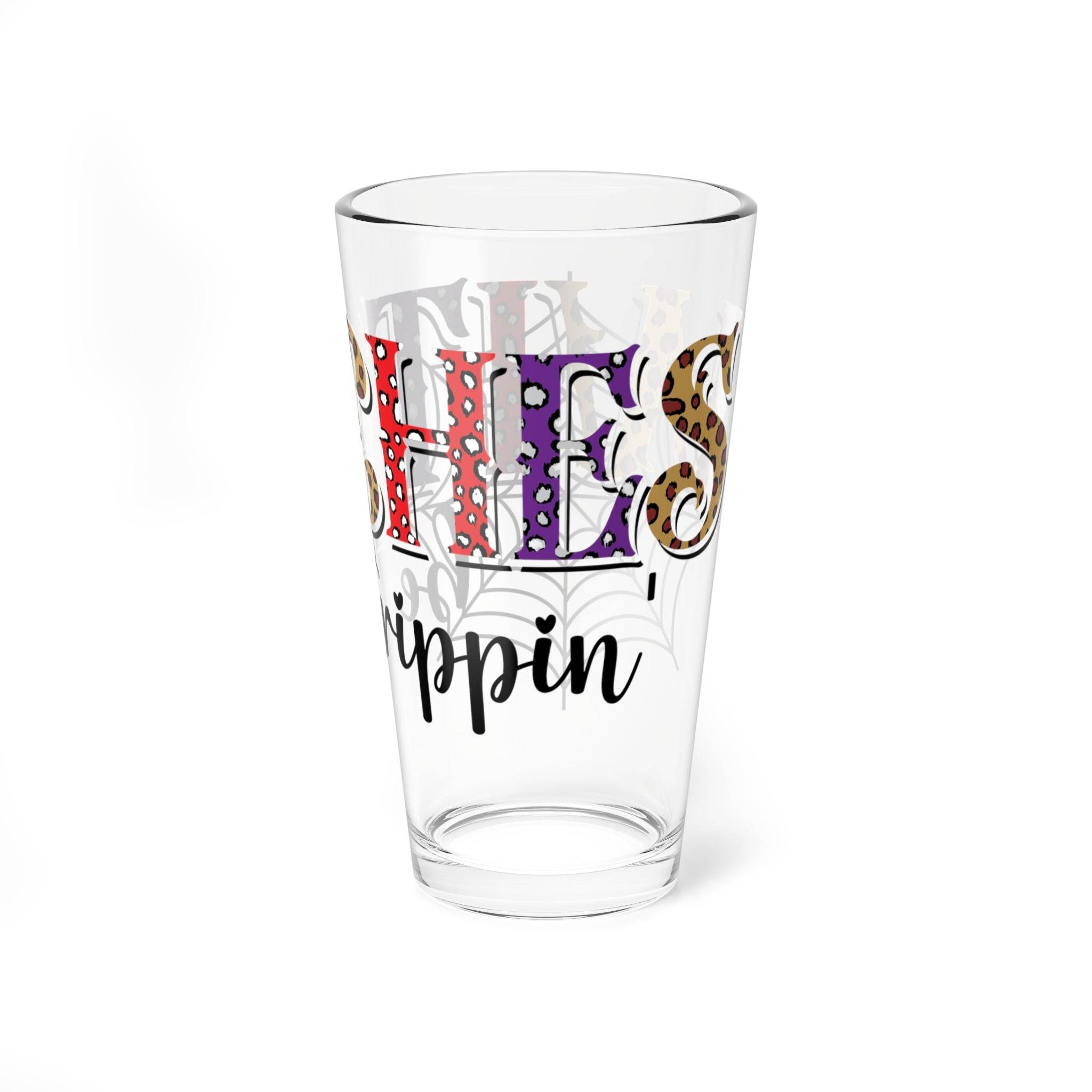 Printify eco-friendly mixing glass with colorful Halloween themed lettering and web design