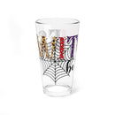 Printify eco-friendly mixing glass with colorful Halloween-themed design and spider web graphic
