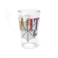 Printify eco-friendly mixing glass with colorful Halloween-themed design and spider web graphic