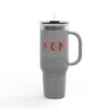 Printify eco-friendly mom travel mug in gray with handle and colorful MOM text design