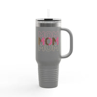 Printify eco-friendly mom travel mug in gray with handle and colorful MOM text design