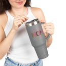 Eco-friendly mom travel mug by Printify with gray matte finish and colorful mom design held by woman