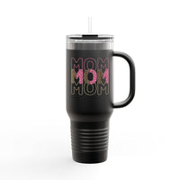 Printify black eco-friendly mom travel mug with handle and colorful MOM text design