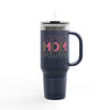 Printify eco-friendly mom travel mug with navy blue handle and colorful mom text design