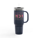 Printify eco-friendly mom travel mug with navy blue handle and colorful mom text design