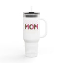 White eco-friendly mom travel mug with glitter mom design and clear lid by Printify