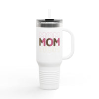 White eco-friendly mom travel mug with glitter mom design and clear lid by Printify