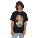Printify eco-friendly oversized t-shirt with vintage surfboard and palm tree graphic on black fabric