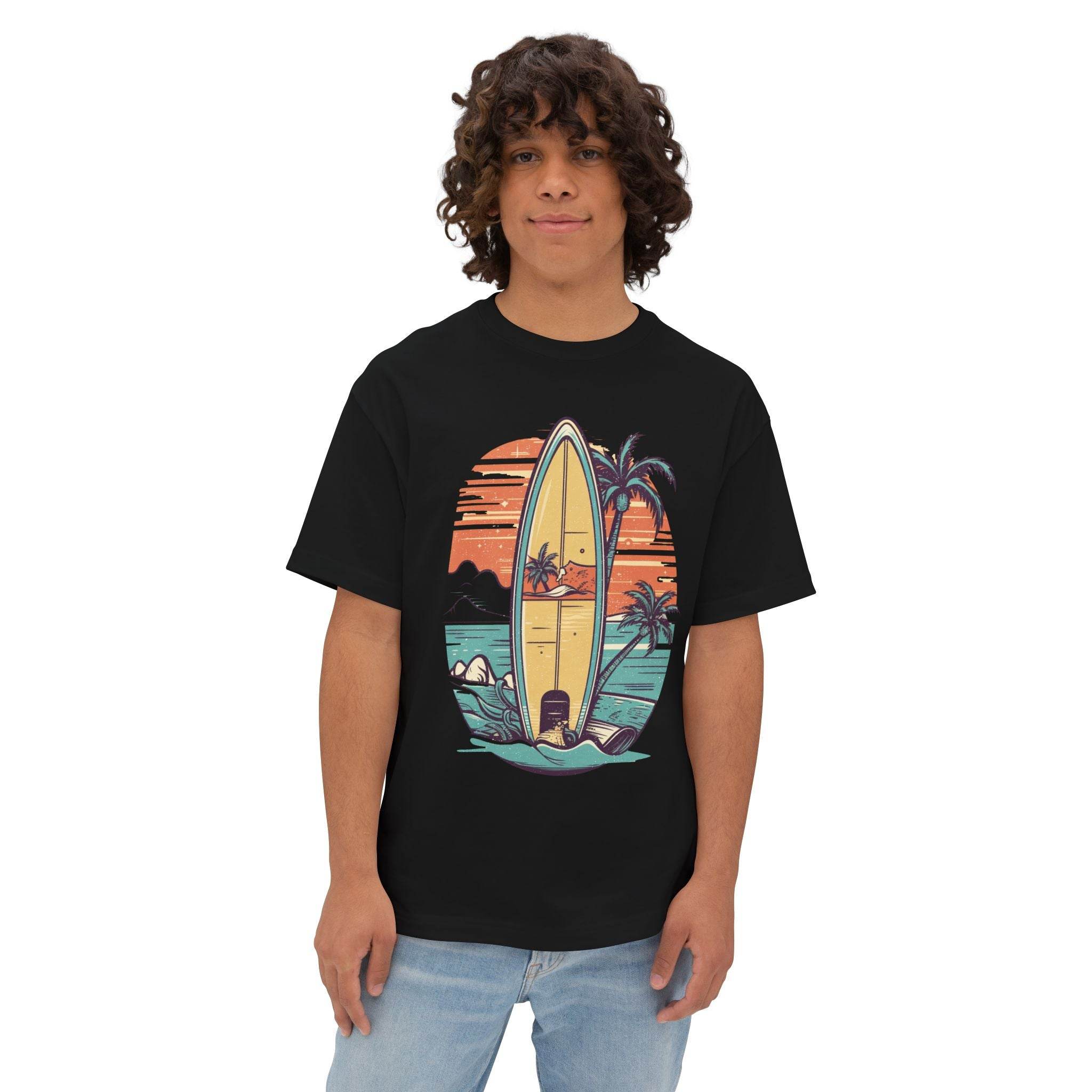 Printify eco-friendly oversized t-shirt with vintage surfboard and palm tree graphic on black fabric
