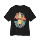 Printify eco-friendly oversized t-shirt in black with vintage surfboard and palm tree beach design
