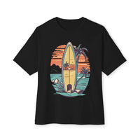 Printify eco-friendly oversized t-shirt in black with vintage surfboard and palm tree beach design