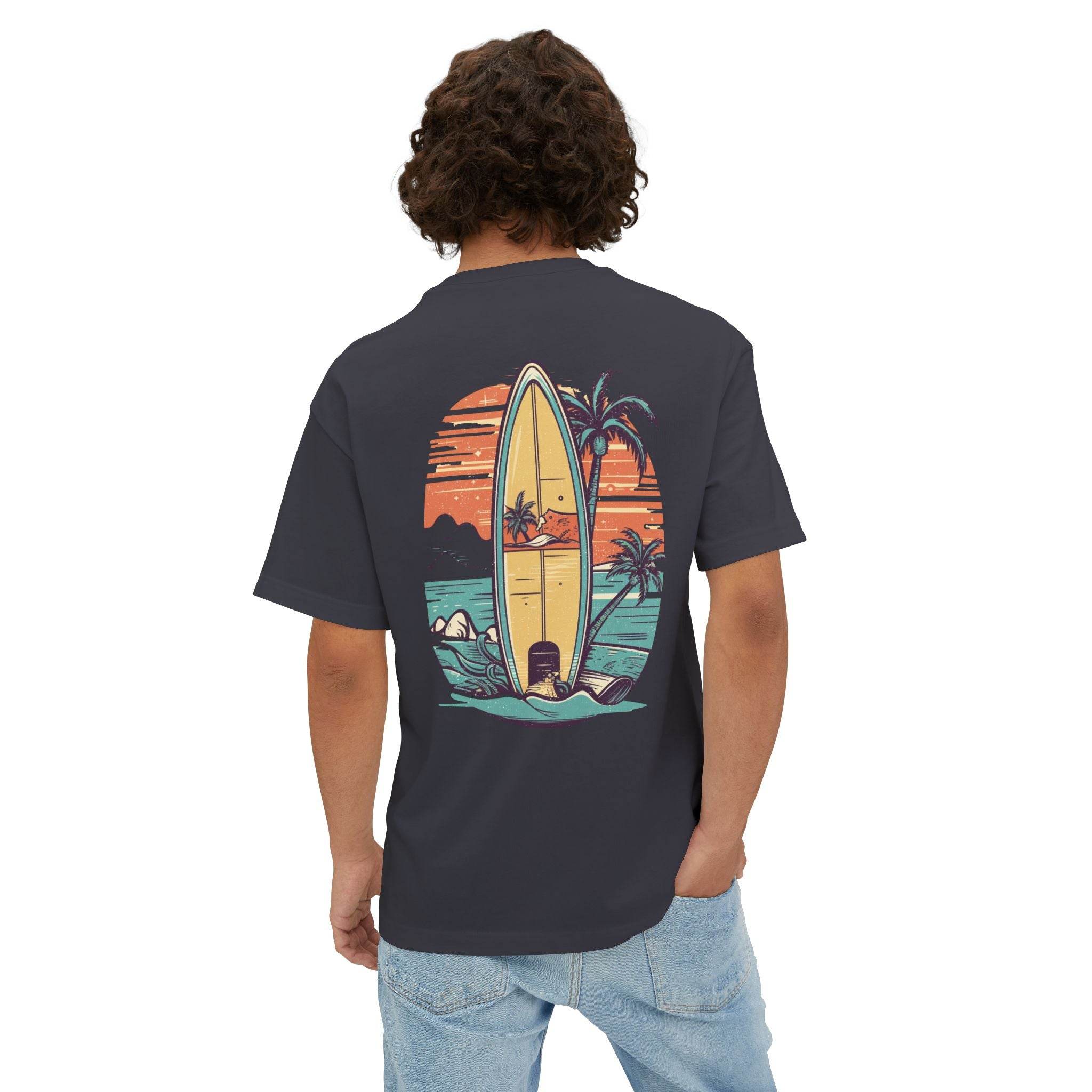 Printify eco-friendly oversized t-shirt in black with a colorful surfboard and palm tree design on the back