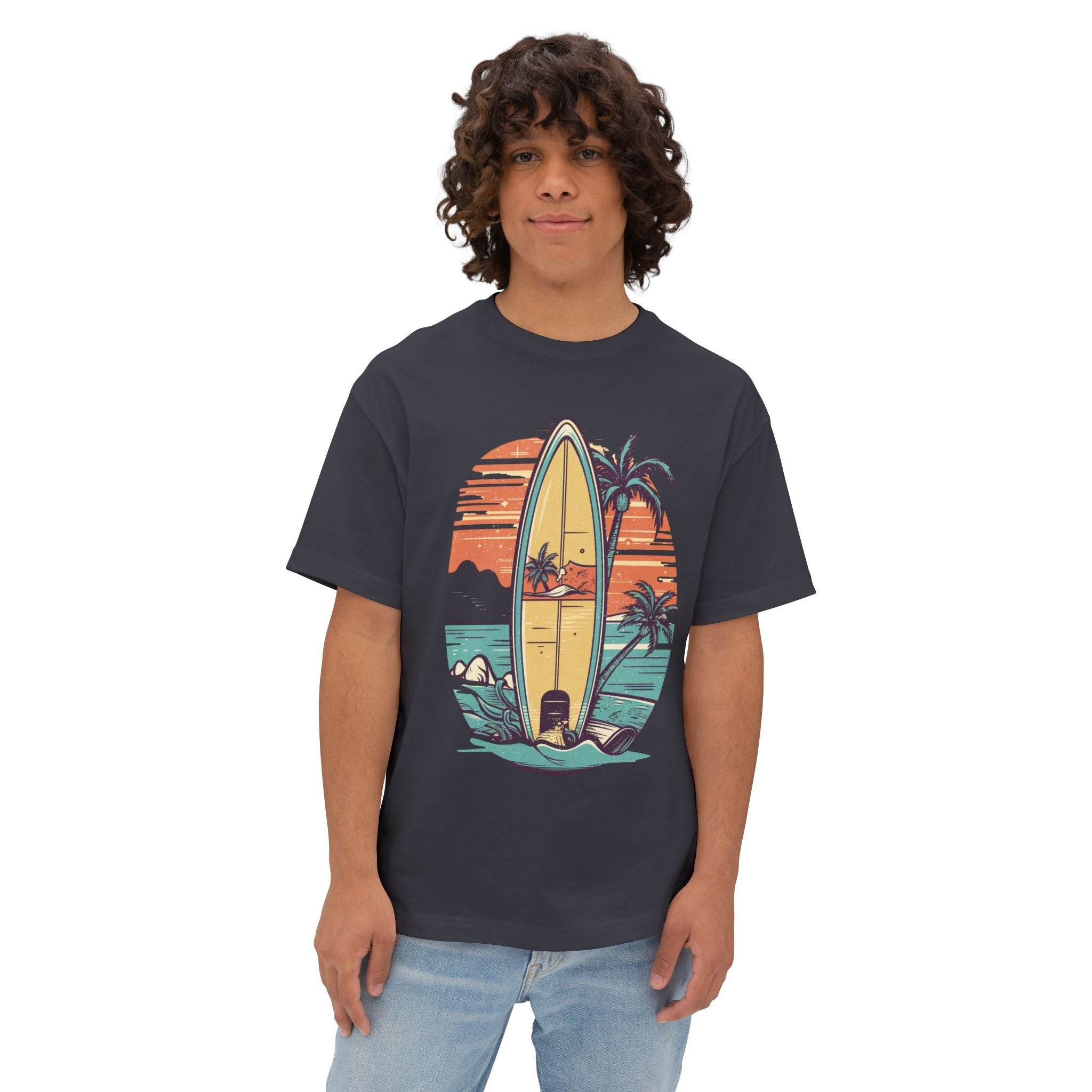 Printify eco-friendly oversized t-shirt with surfboard and sunset graphic worn by young man
