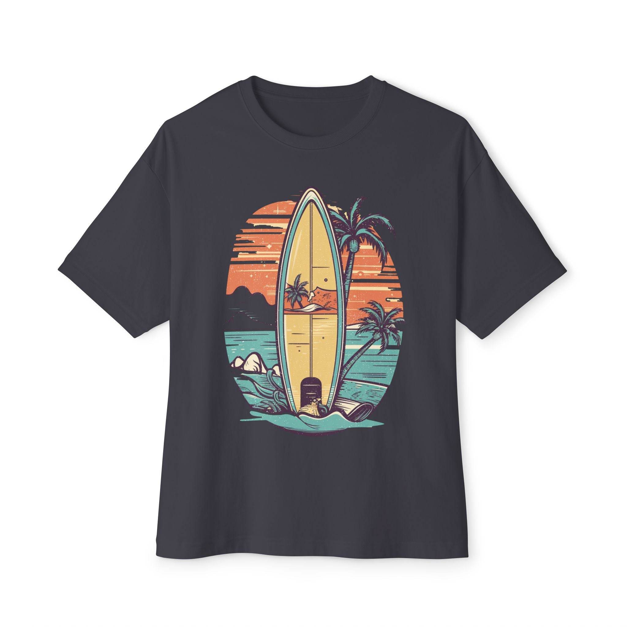 Printify eco-friendly oversized t-shirt with surfboard and tropical sunset graphic design