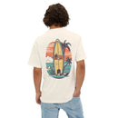 Printify eco-friendly oversized t-shirt with colorful surfboard and palm tree graphic on the back