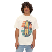 Printify eco-friendly oversized t-shirt with surfboard and tropical sunset design worn by model