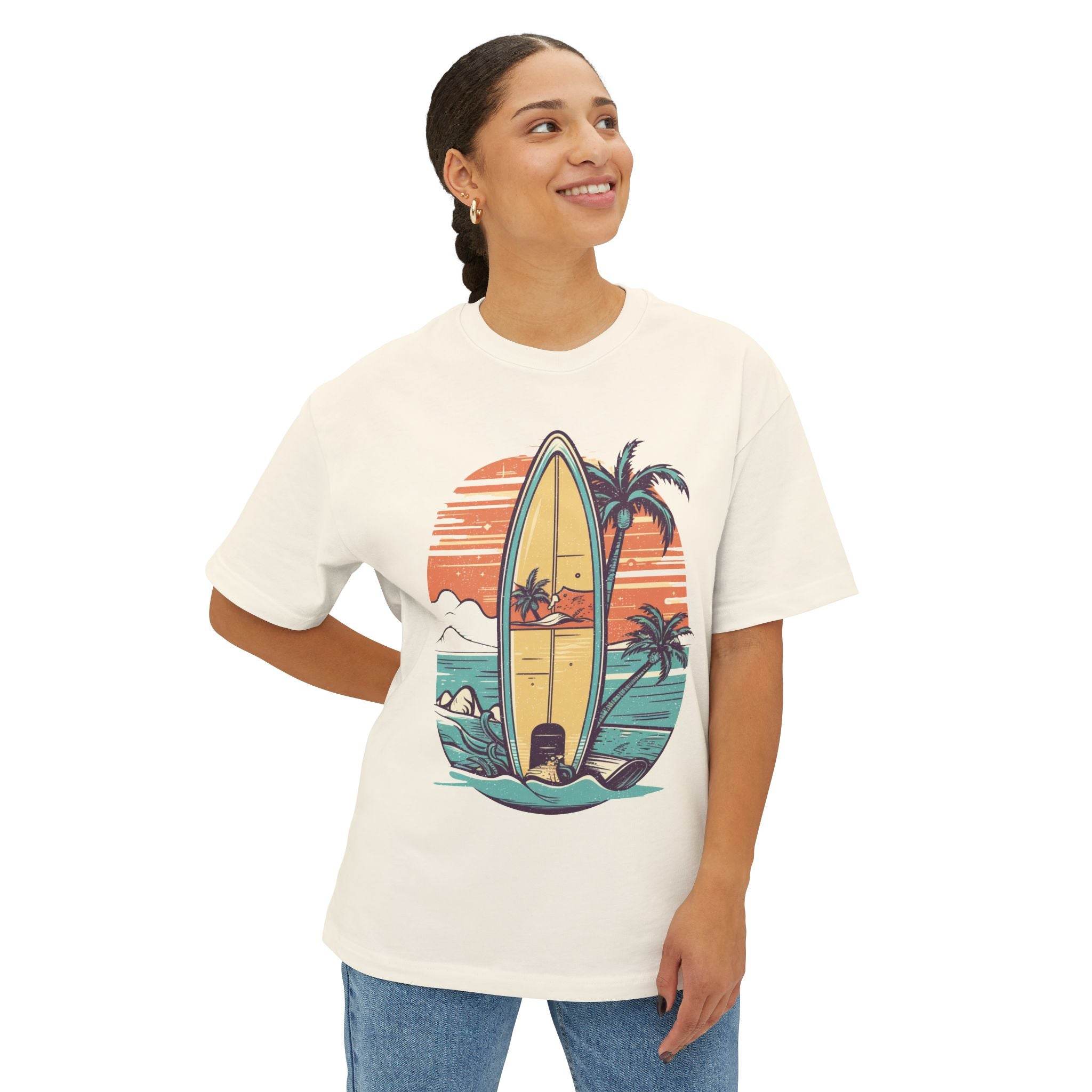 Printify eco-friendly oversized t-shirt with surfboard and palm tree graphic worn by smiling woman