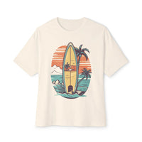 Printify eco-friendly oversized t-shirt with vintage surfboard and palm tree beach design