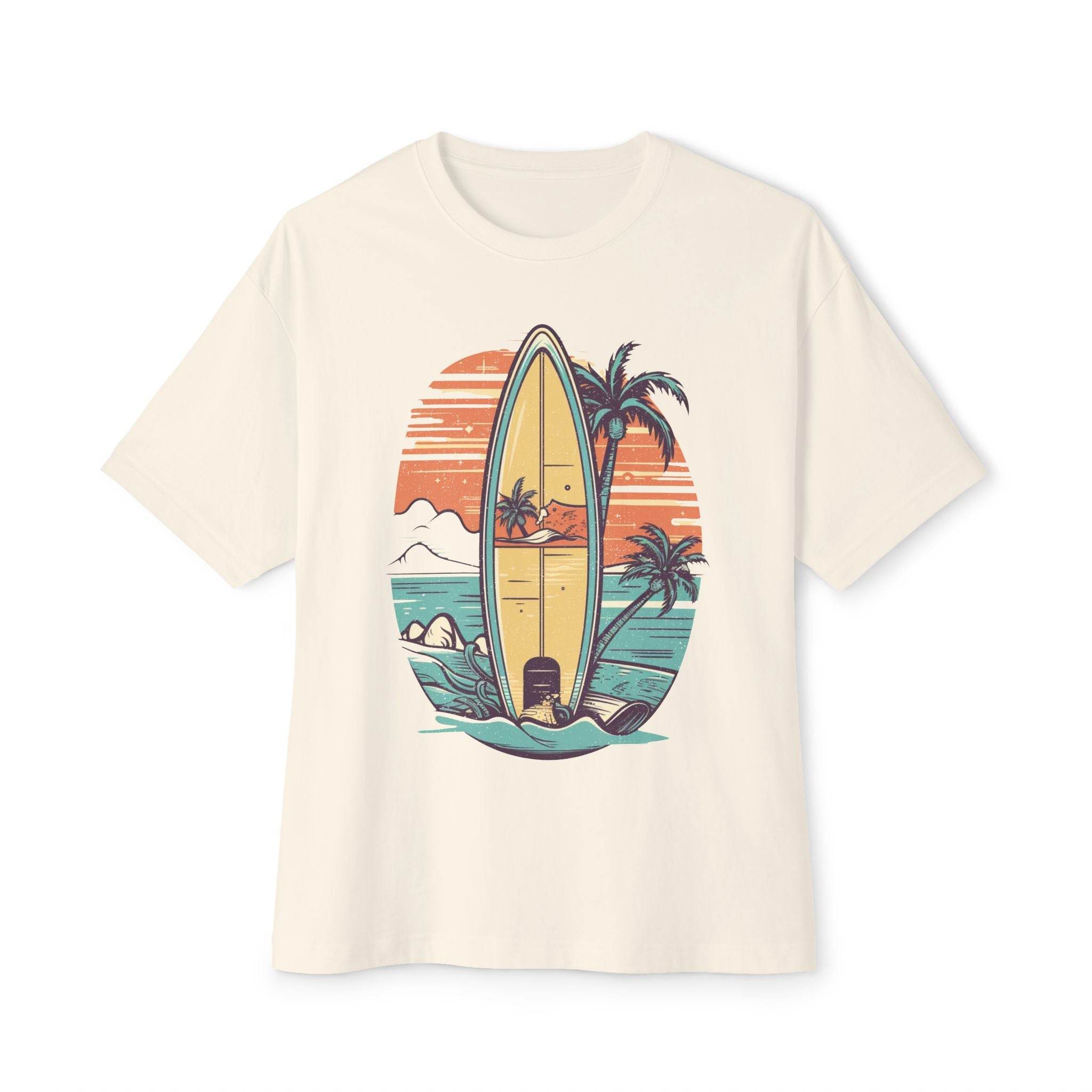Printify eco-friendly oversized t-shirt with vintage surfboard and palm tree beach design