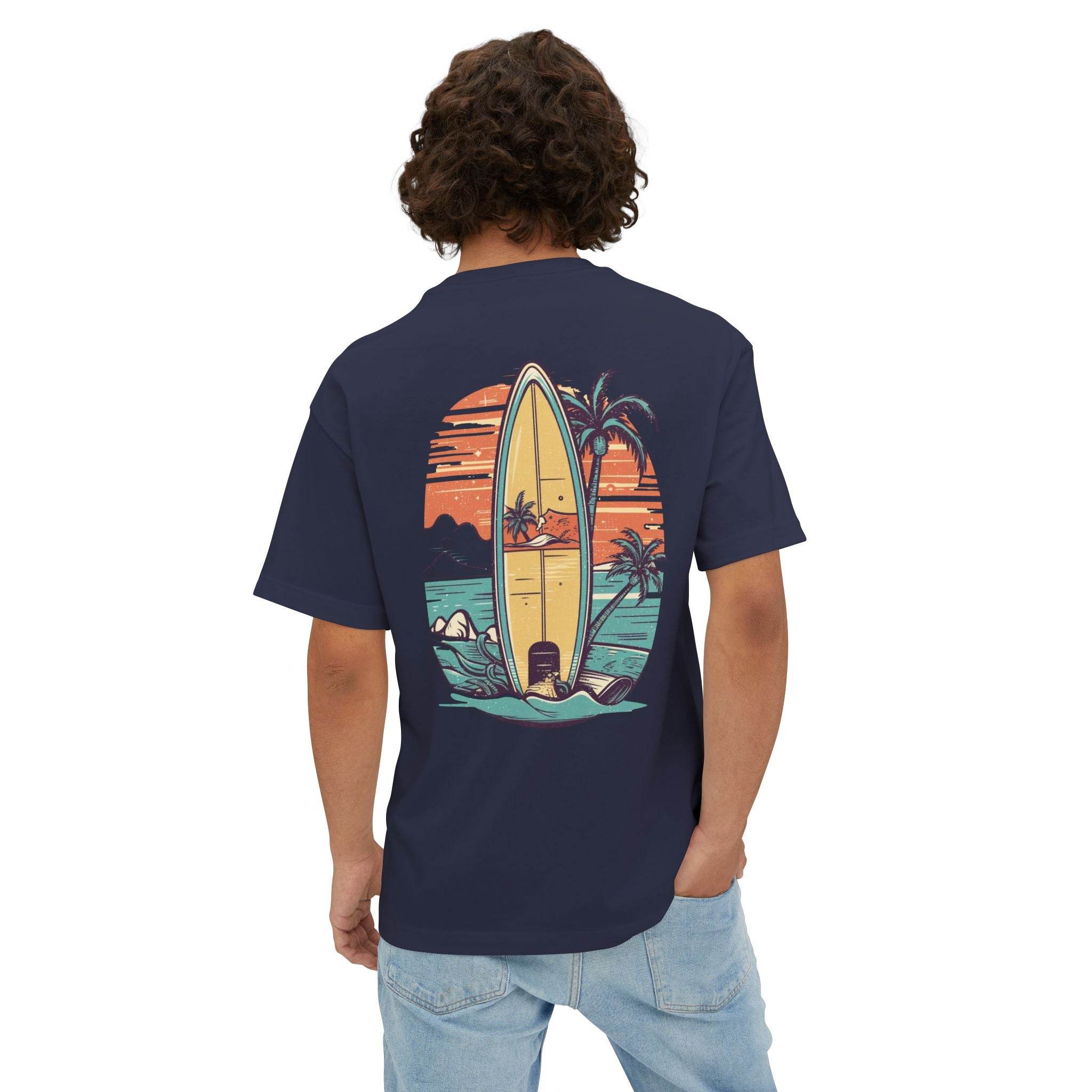 Printify eco-friendly oversized t-shirt in navy with vintage surfboard and palm tree design on back