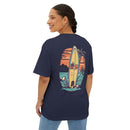 Printify eco-friendly oversized t-shirt in navy with retro surfboard and palm tree graphic on back