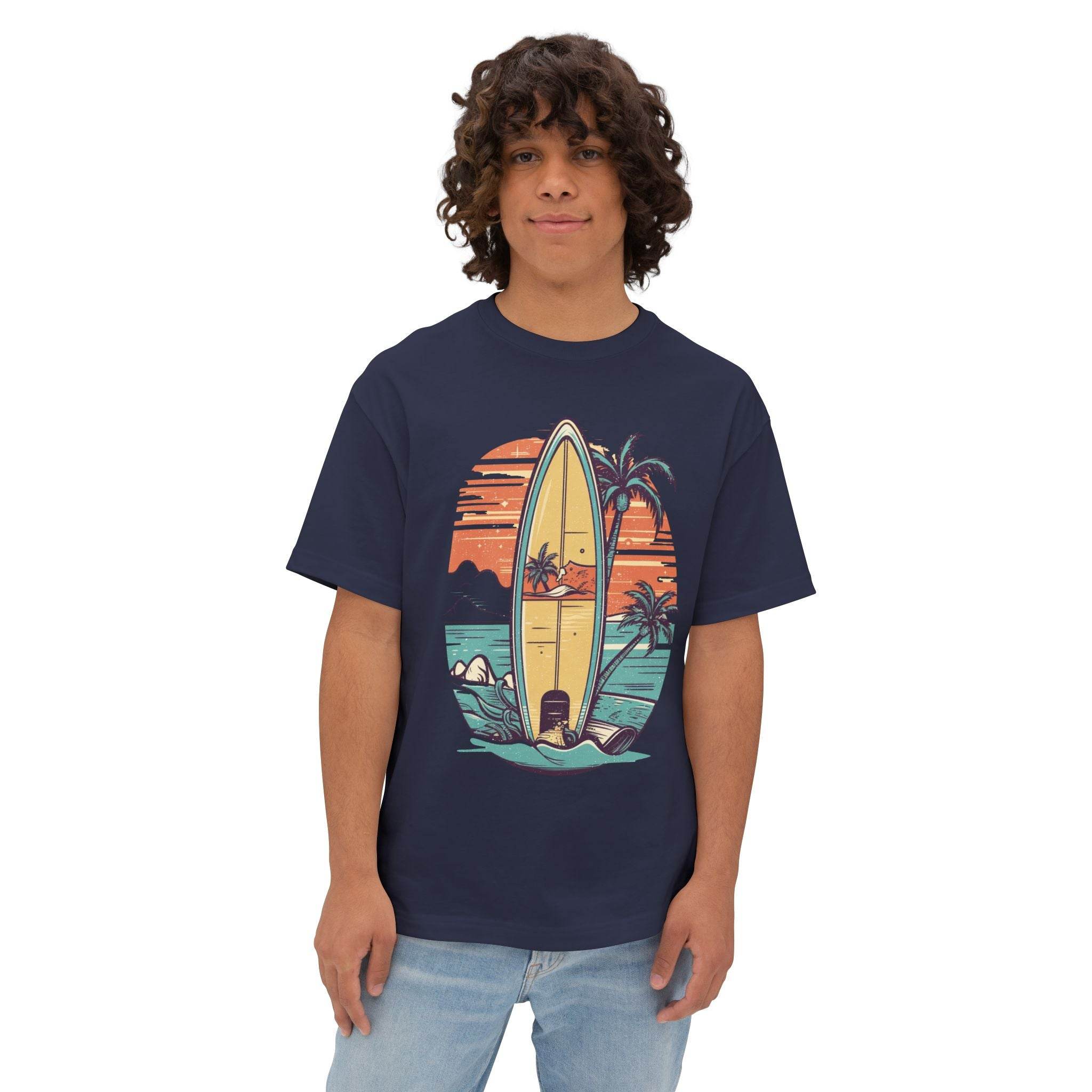 Printify eco-friendly oversized t-shirt with surfboard sunset graphic worn by young man