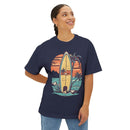 Printify eco-friendly oversized t-shirt in navy with vintage surfboard and sunset graphic