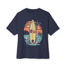 Printify eco-friendly oversized t-shirt with vintage surfboard and palm tree beach design in navy blue