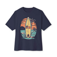 Printify eco-friendly oversized t-shirt with vintage surfboard and palm tree beach design in navy blue