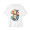 Printify eco-friendly oversized t-shirt with vintage surfboard and tropical beach graphic