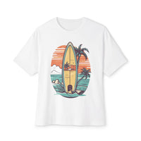 Printify eco-friendly oversized t-shirt with vintage surfboard and tropical beach graphic