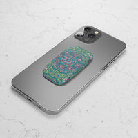 Printify eco-friendly phone grip with colorful mandala design attached to a gray smartphone