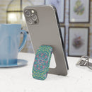 Printify eco-friendly phone grip with colorful mandala design attached to smartphone on white table