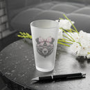 Printify eco-friendly pint glass with frosted design and Mama Bear graphic on black table