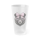 Printify eco-friendly pint glass with frosted finish and cute mama bear design wearing pink sunglasses and bow