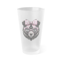 Printify eco-friendly pint glass with frosted finish and cute mama bear design wearing pink sunglasses and bow
